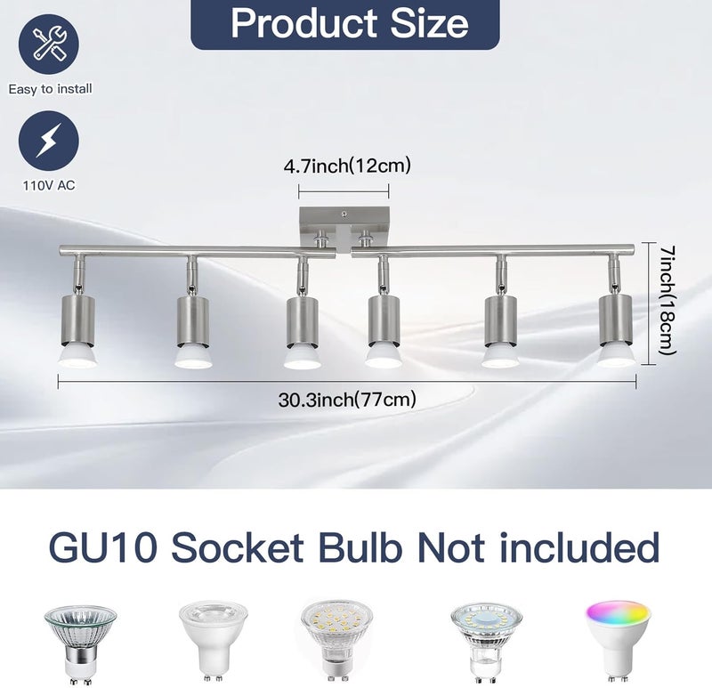 SEEBLEN 6-Light Brushed Nickel Track Lighting Fixtures Ceiling – Modern Ceiling Light Bar with Adjustable GU10 Heads, Sleek Metal Track Lighting for Kitchen & Living Room - Image 2